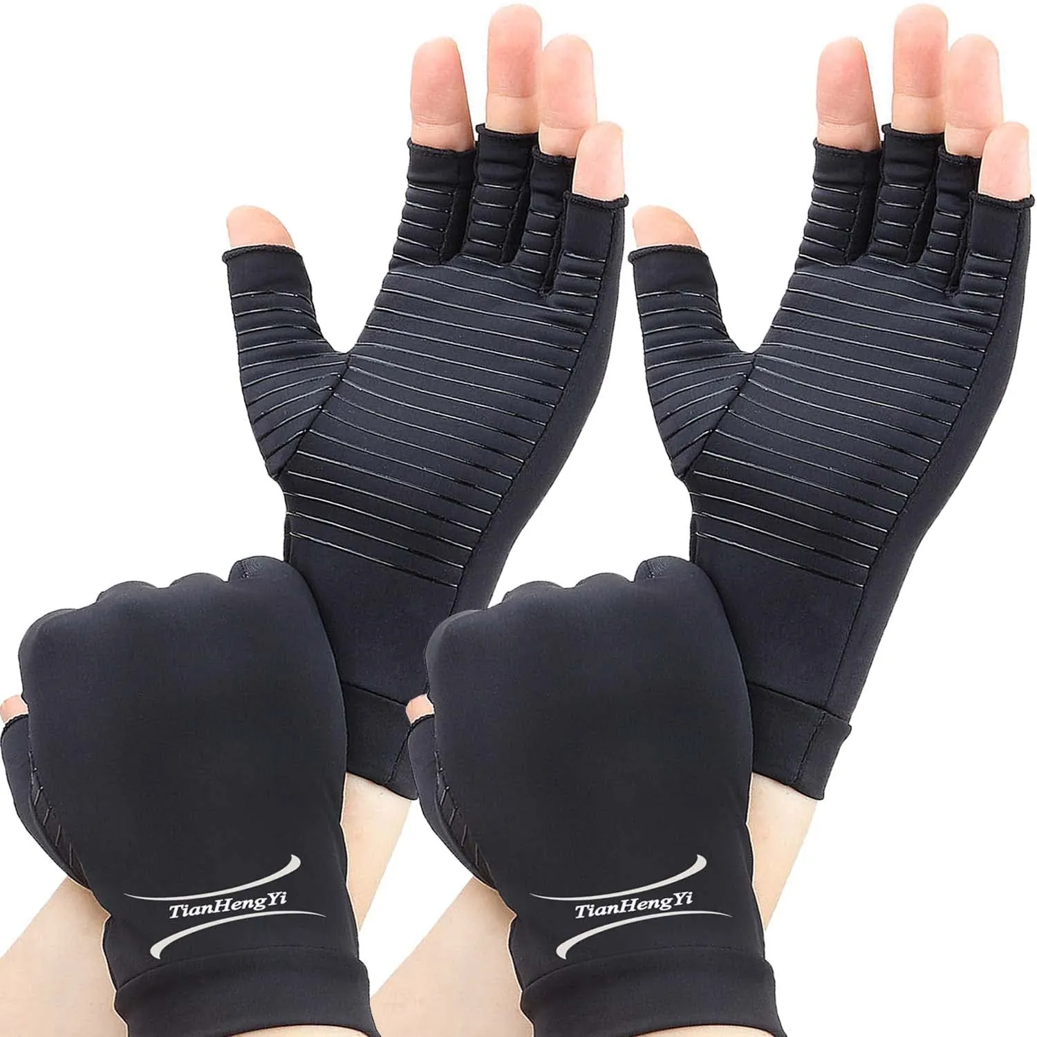 2 Pairs Arthritis Gloves for Women and Men, Copper Infused Compression Gloves, Fingerless Hand Gloves for Carpal Tunnel, RSI Osteoarthritis, Joint Pain,Computer Typing, Hand Support (Black, Large) Black Large (Pack of 4)