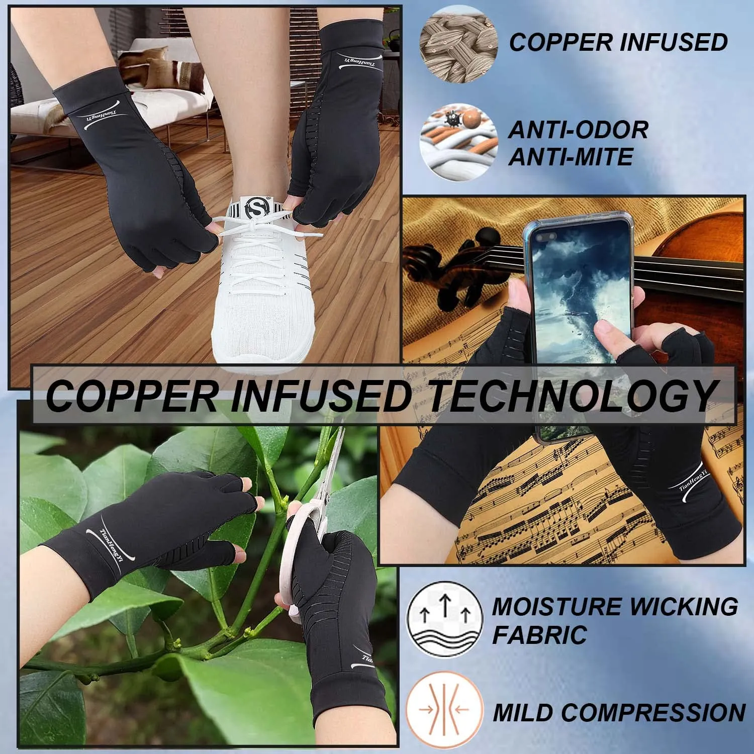 2 Pairs Arthritis Gloves for Women and Men, Copper Infused Compression Gloves, Fingerless Hand Gloves for Carpal Tunnel, RSI Osteoarthritis, Joint Pain,Computer Typing, Hand Support (Black, Large) Black Large (Pack of 4)