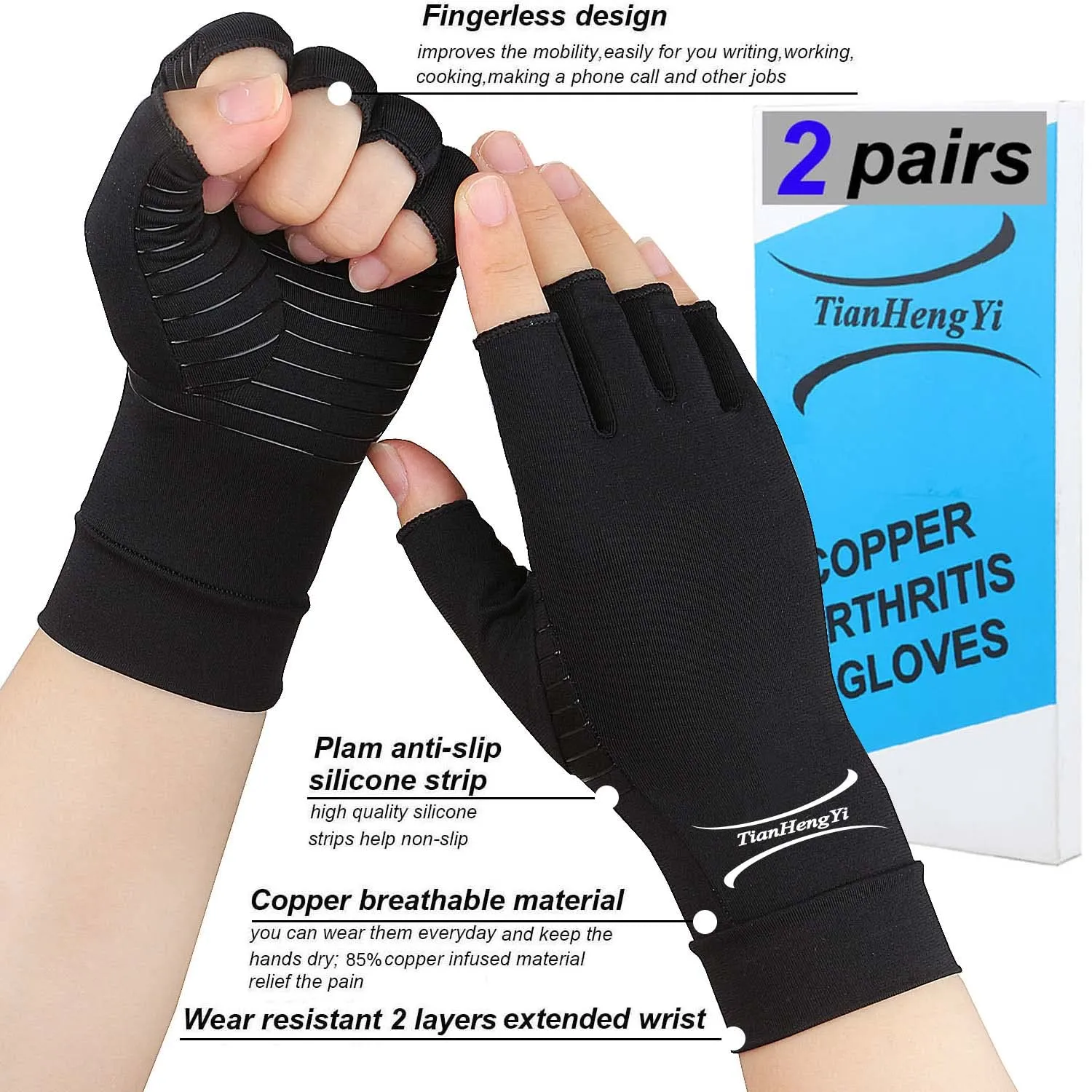 2 Pairs Arthritis Gloves for Women and Men, Copper Infused Compression Gloves, Fingerless Hand Gloves for Carpal Tunnel, RSI Osteoarthritis, Joint Pain,Computer Typing, Hand Support (Black, Large) Black Large (Pack of 4)