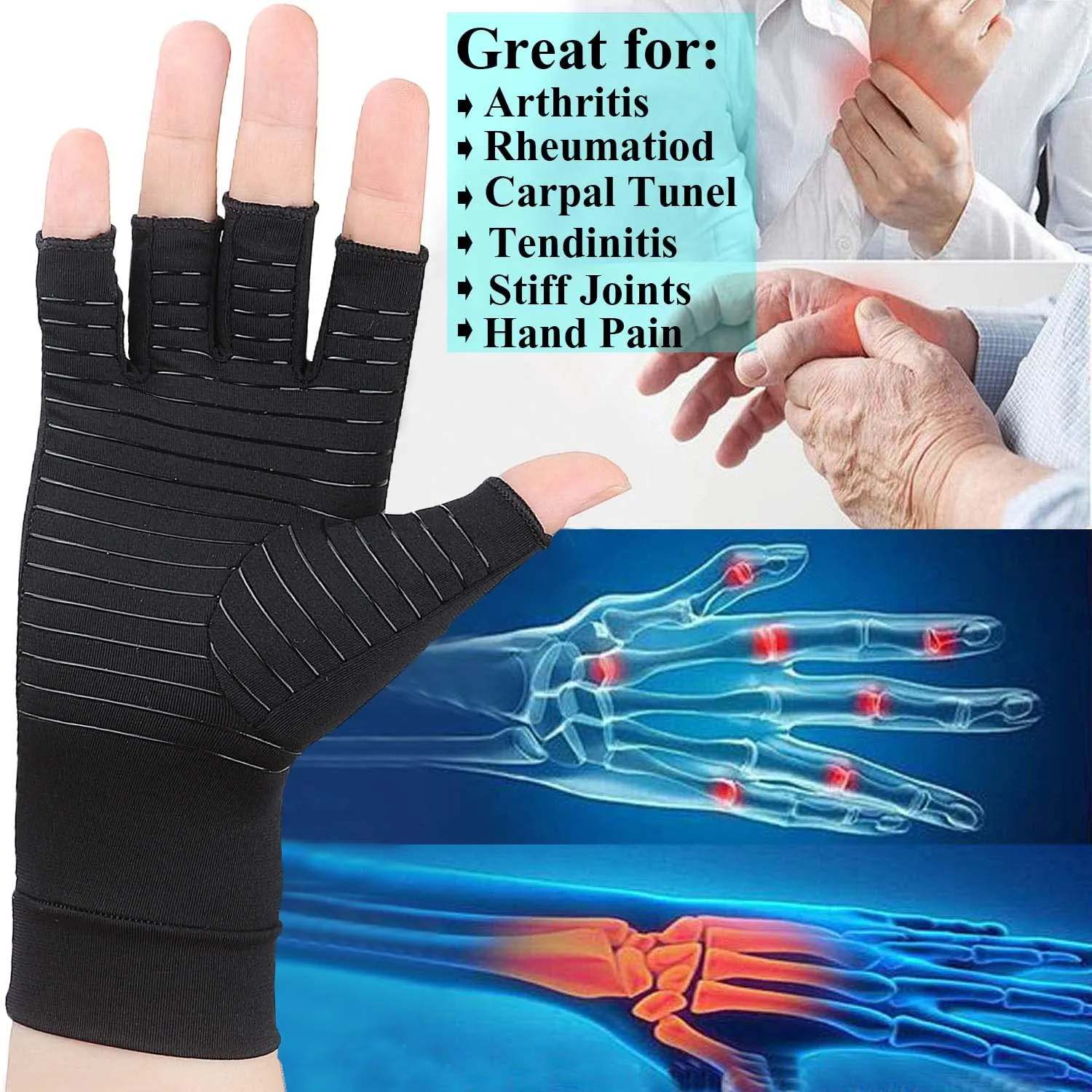 2 Pairs Arthritis Gloves for Women and Men, Copper Infused Compression Gloves, Fingerless Hand Gloves for Carpal Tunnel, RSI Osteoarthritis, Joint Pain,Computer Typing, Hand Support (Black, Large) Black Large (Pack of 4)