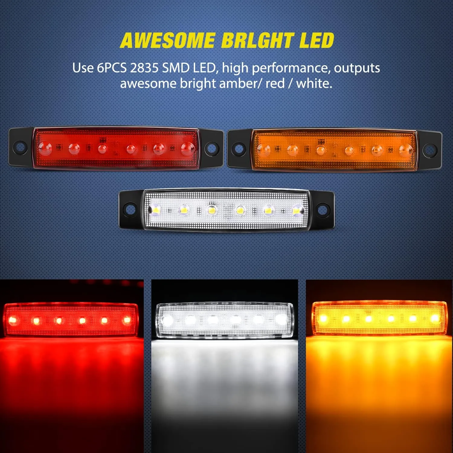 3.8 Inch 6 LEDs Amber Red White Side Marker Lights (30 Pcs)