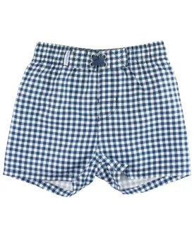 Boys Navy Gingham Swim Trunks