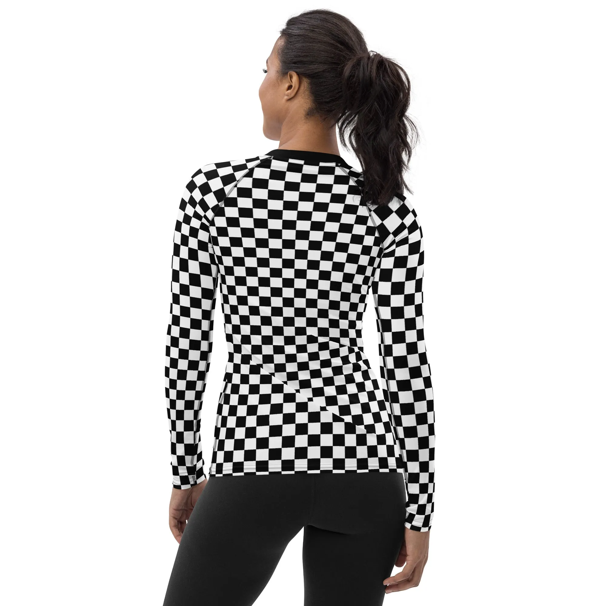 Checkered Women's Rash Guard, Black White Check Print Surf Long Sleeve Swim Shirt Swimwear Sun Protection Jiu Jitsu Wet Suit UPF Cover