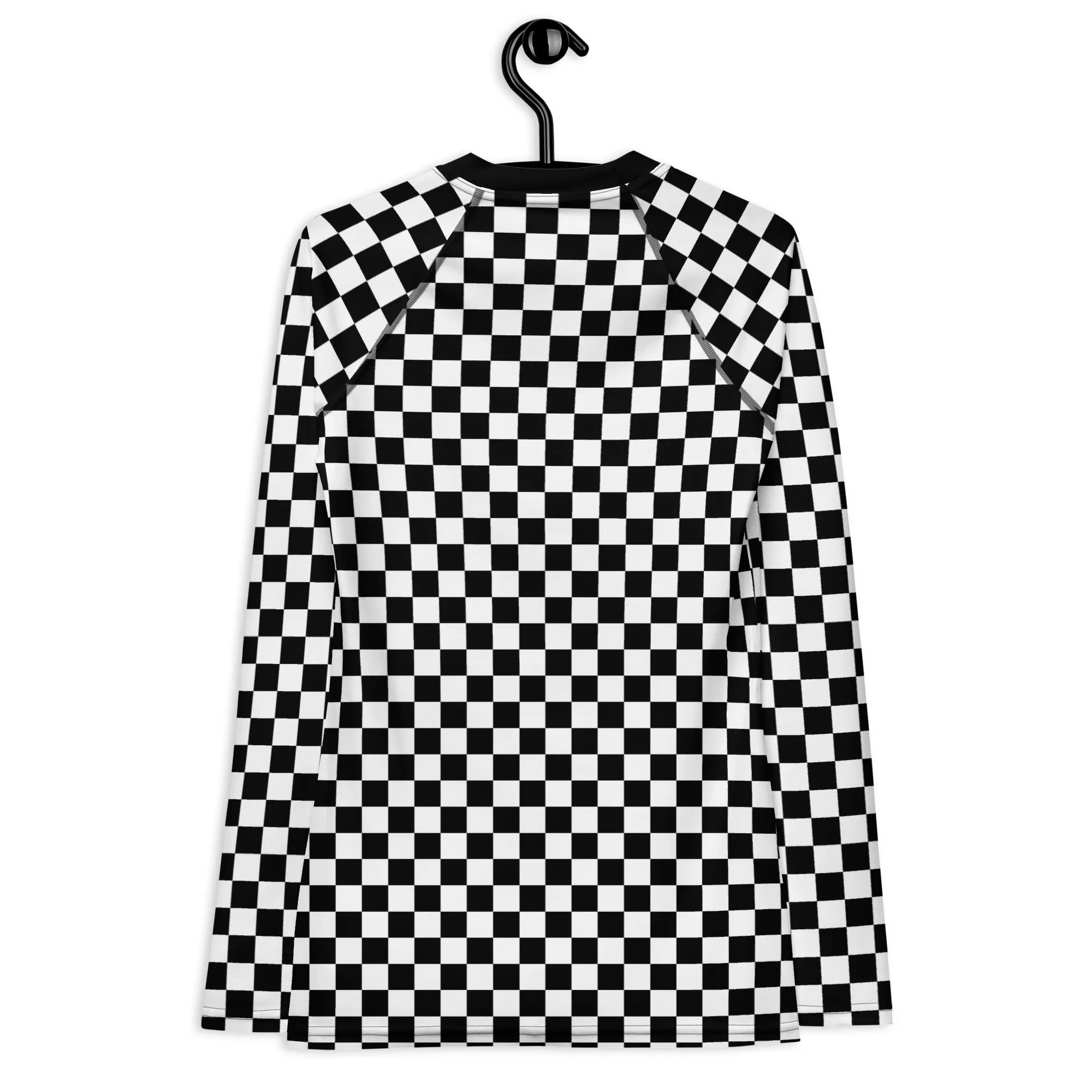 Checkered Women's Rash Guard, Black White Check Print Surf Long Sleeve Swim Shirt Swimwear Sun Protection Jiu Jitsu Wet Suit UPF Cover