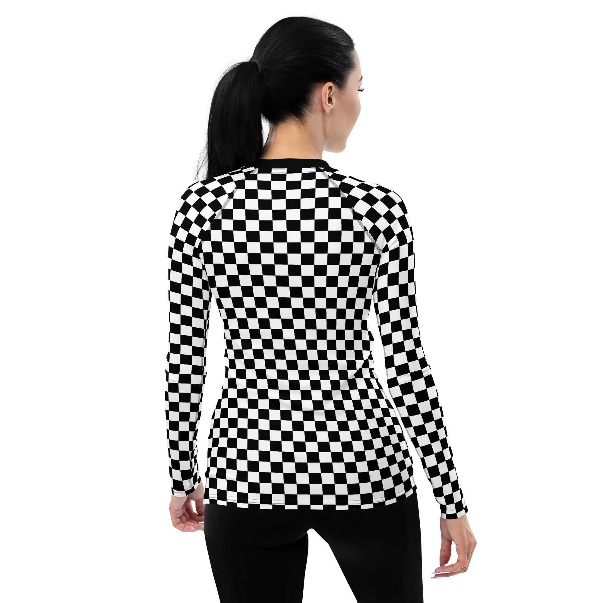 Checkered Women's Rash Guard, Black White Check Print Surf Long Sleeve Swim Shirt Swimwear Sun Protection Jiu Jitsu Wet Suit UPF Cover
