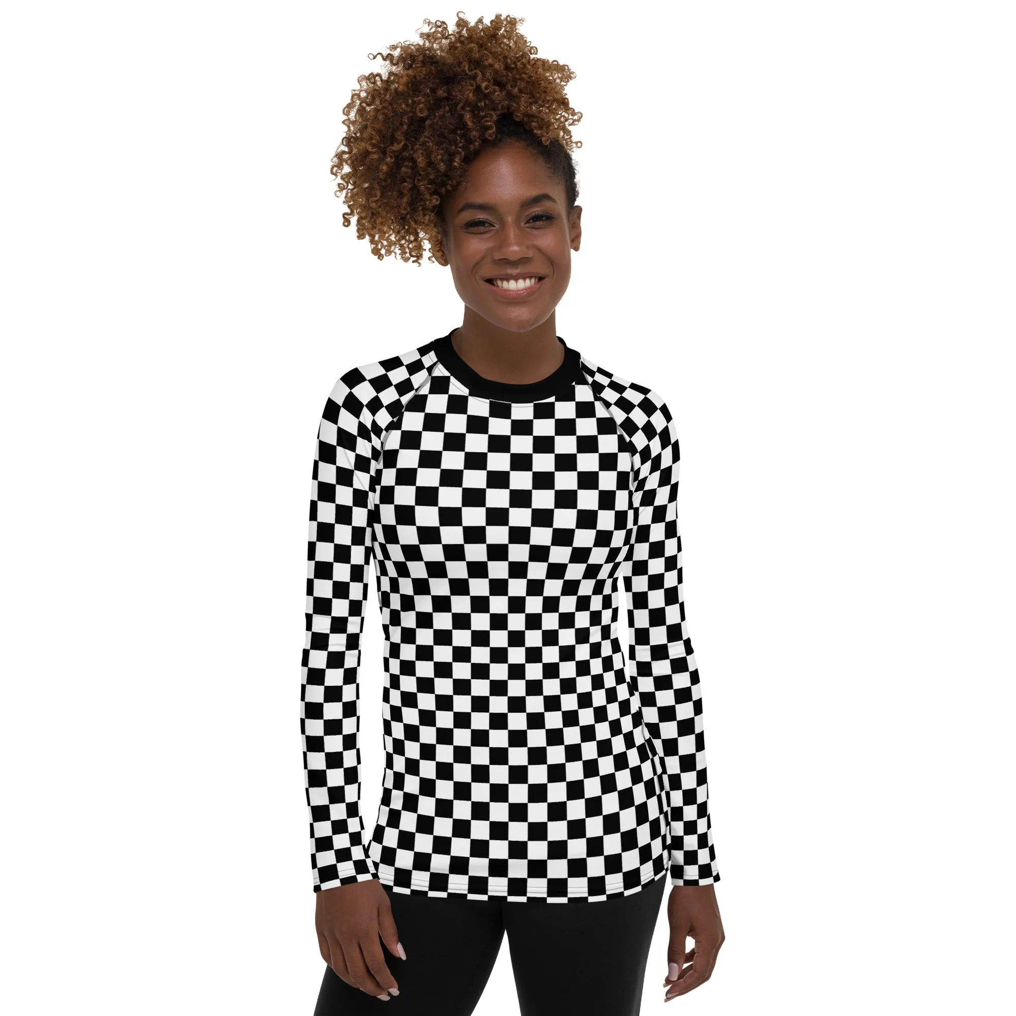 Checkered Women's Rash Guard, Black White Check Print Surf Long Sleeve Swim Shirt Swimwear Sun Protection Jiu Jitsu Wet Suit UPF Cover
