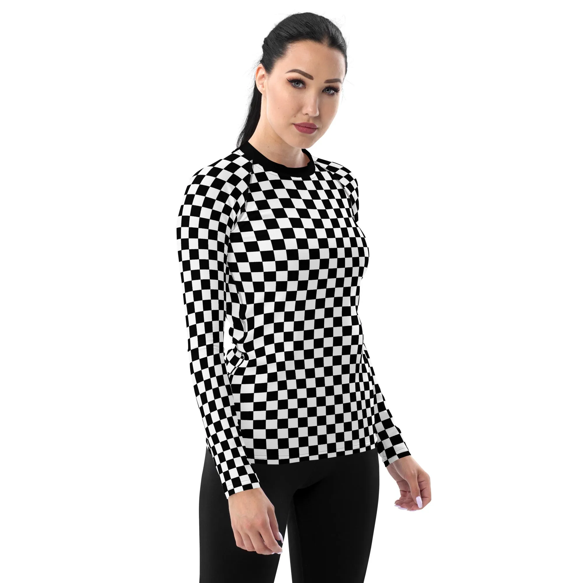 Checkered Women's Rash Guard, Black White Check Print Surf Long Sleeve Swim Shirt Swimwear Sun Protection Jiu Jitsu Wet Suit UPF Cover