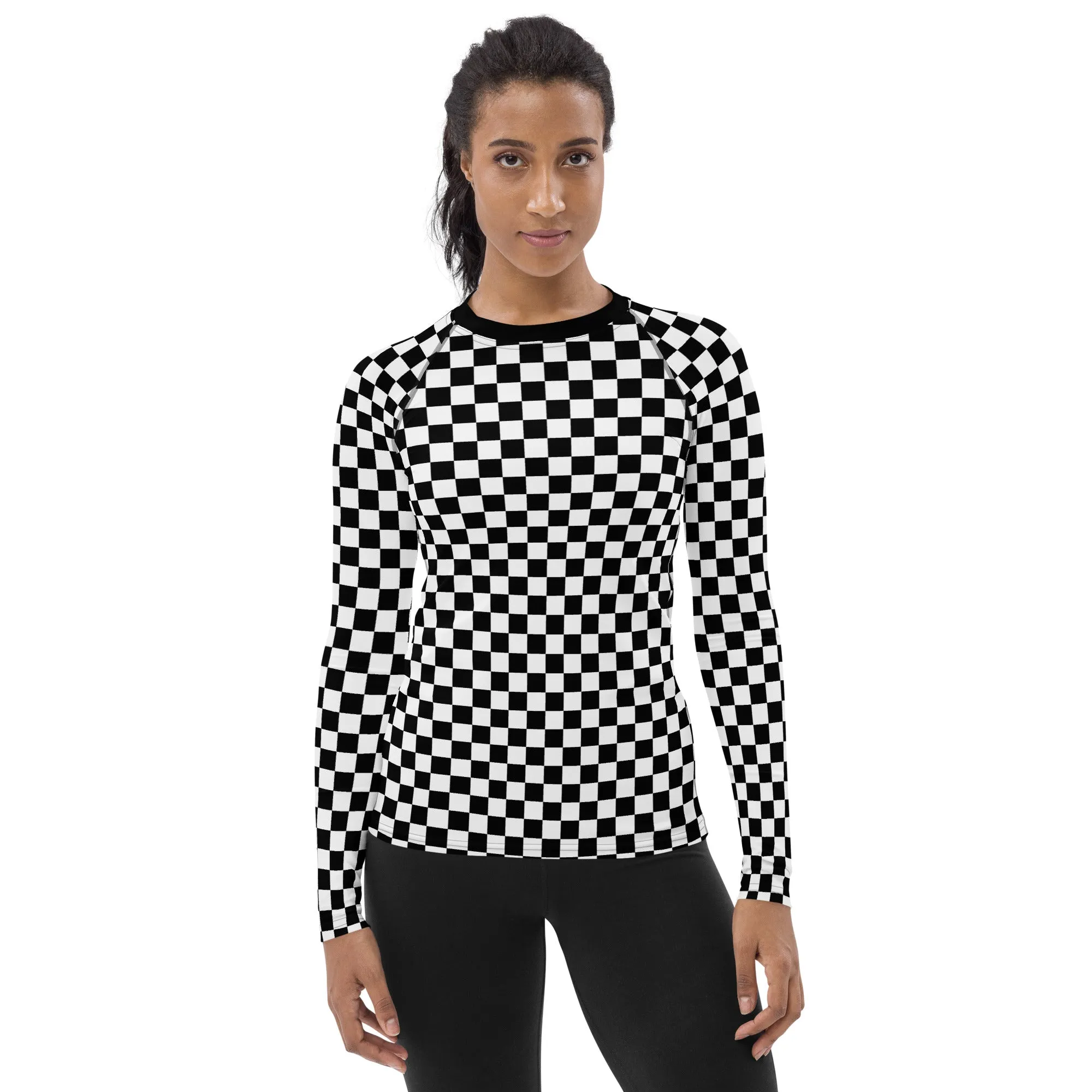 Checkered Women's Rash Guard, Black White Check Print Surf Long Sleeve Swim Shirt Swimwear Sun Protection Jiu Jitsu Wet Suit UPF Cover