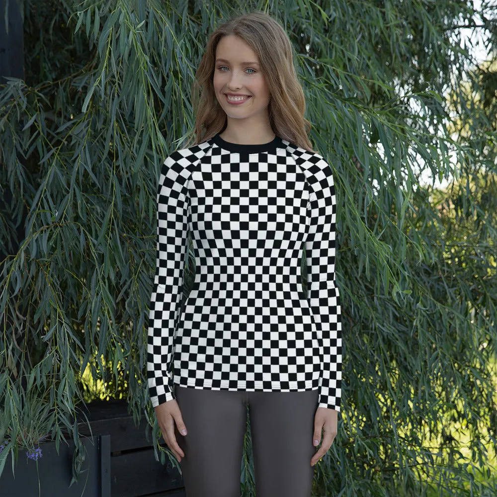 Checkered Women's Rash Guard, Black White Check Print Surf Long Sleeve Swim Shirt Swimwear Sun Protection Jiu Jitsu Wet Suit UPF Cover