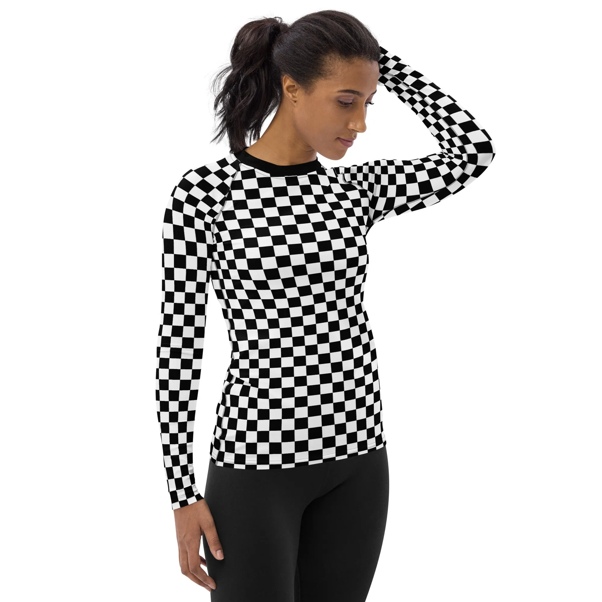 Checkered Women's Rash Guard, Black White Check Print Surf Long Sleeve Swim Shirt Swimwear Sun Protection Jiu Jitsu Wet Suit UPF Cover