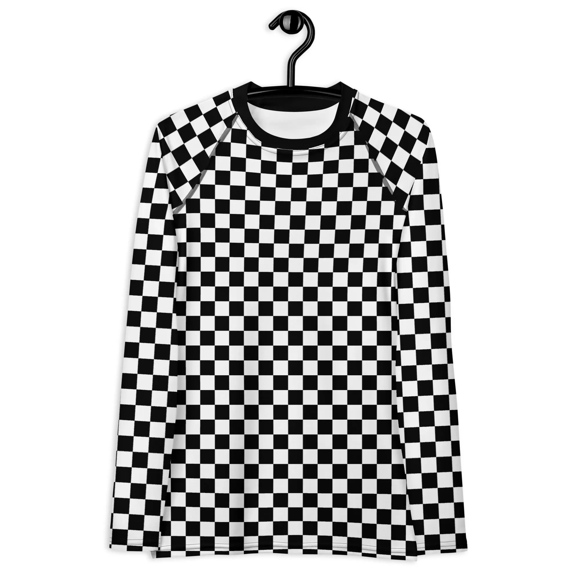 Checkered Women's Rash Guard, Black White Check Print Surf Long Sleeve Swim Shirt Swimwear Sun Protection Jiu Jitsu Wet Suit UPF Cover