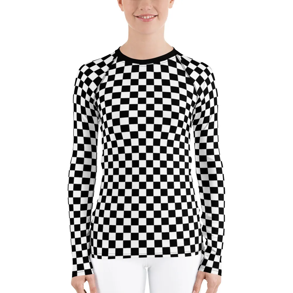 Checkered Women's Rash Guard, Black White Check Print Surf Long Sleeve Swim Shirt Swimwear Sun Protection Jiu Jitsu Wet Suit UPF Cover