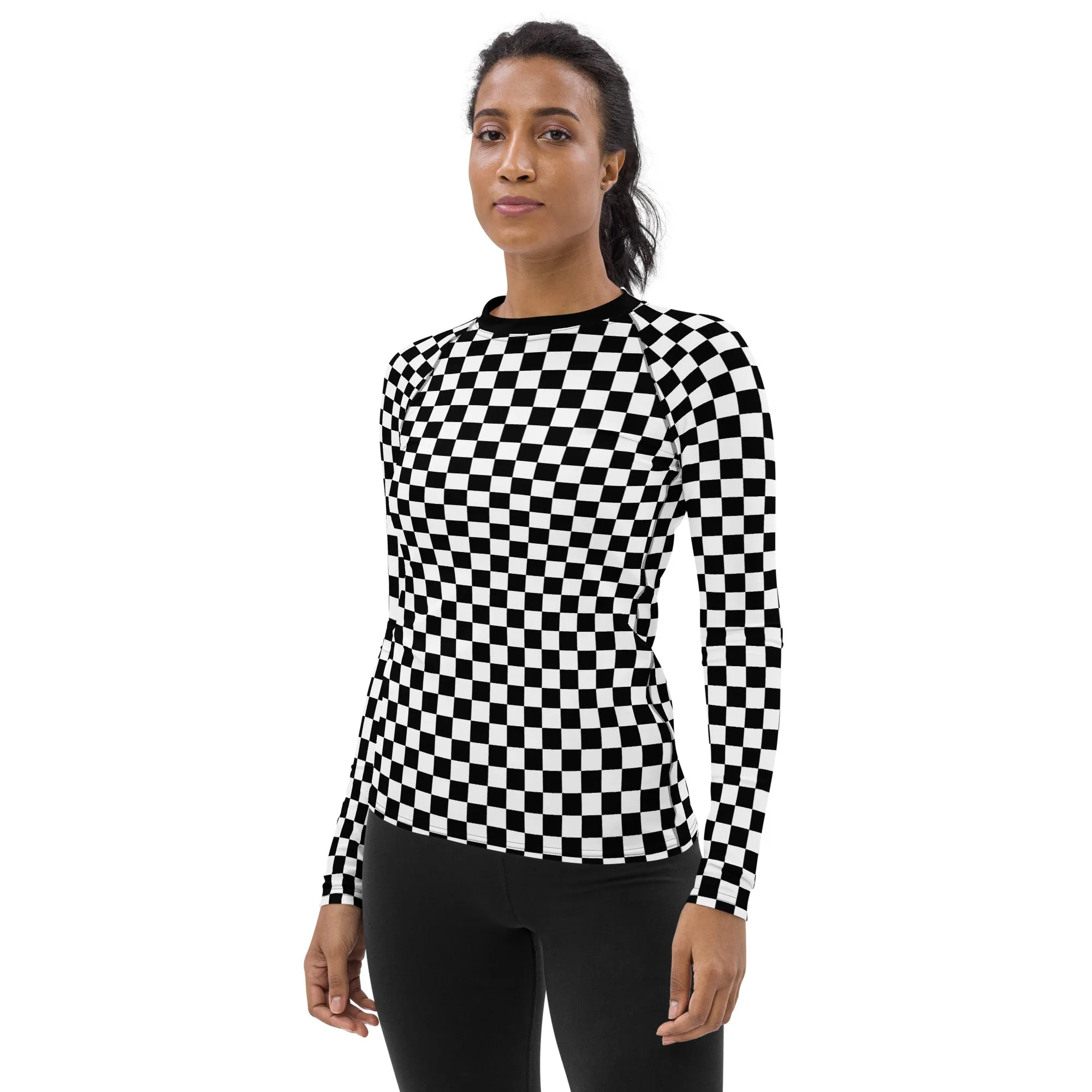 Checkered Women's Rash Guard, Black White Check Print Surf Long Sleeve Swim Shirt Swimwear Sun Protection Jiu Jitsu Wet Suit UPF Cover