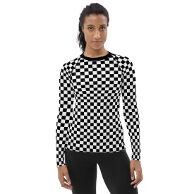 Checkered Women's Rash Guard, Black White Check Print Surf Long Sleeve Swim Shirt Swimwear Sun Protection Jiu Jitsu Wet Suit UPF Cover