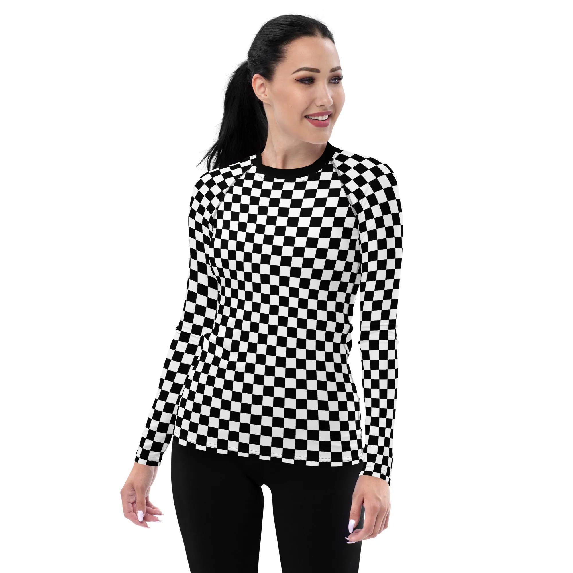 Checkered Women's Rash Guard, Black White Check Print Surf Long Sleeve Swim Shirt Swimwear Sun Protection Jiu Jitsu Wet Suit UPF Cover