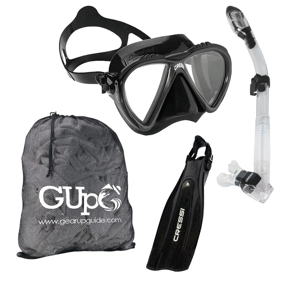 Cressi Lince Mask, Supernova Dry Snorkel, Pro Light Fins Snorkel Set w/ GupG Mesh Travel Bag