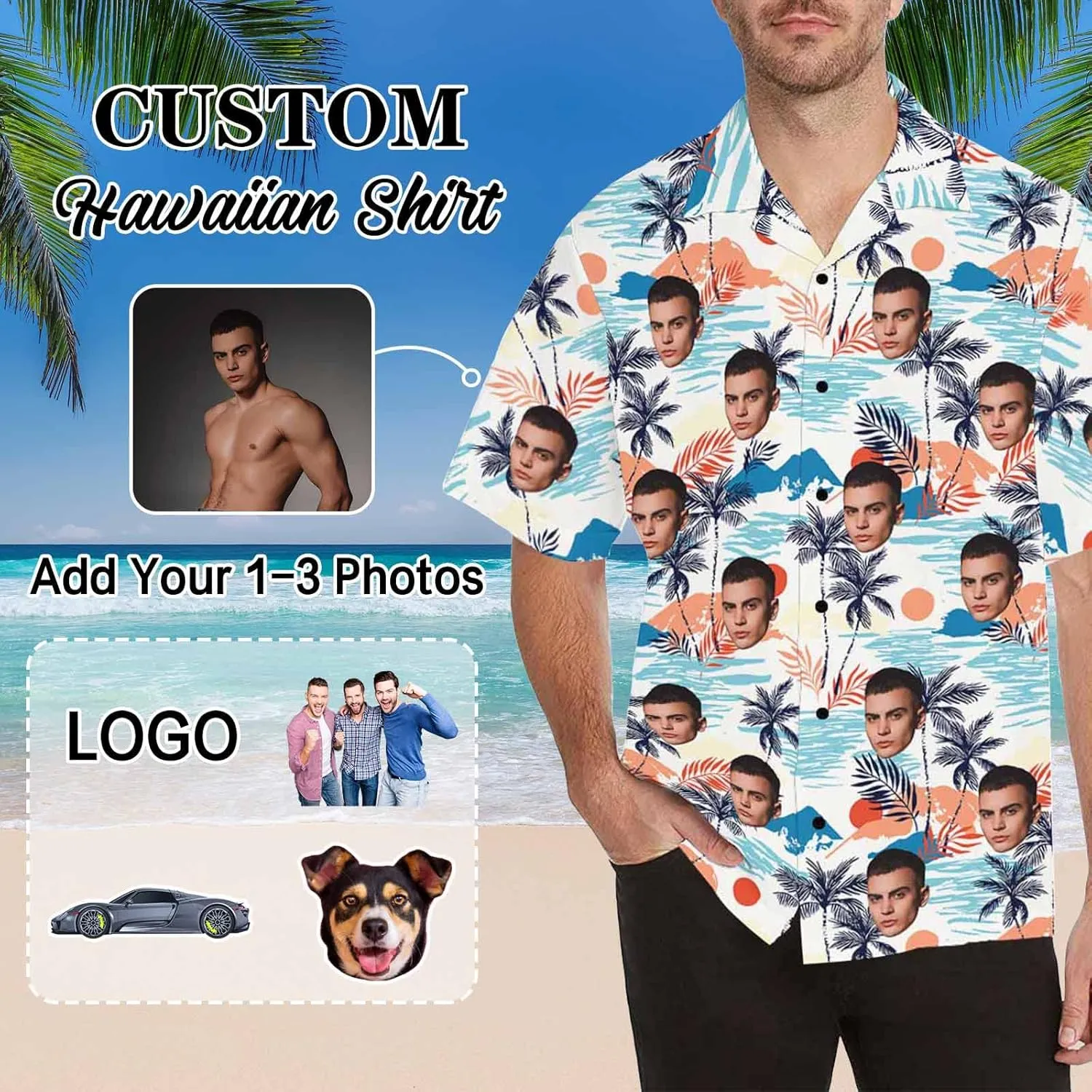 Custom Funny Hawaiian Shirt with Face for Men Personalized Dog Dad Photo Floral Fruit Summer Hawaii Beach Tshirts