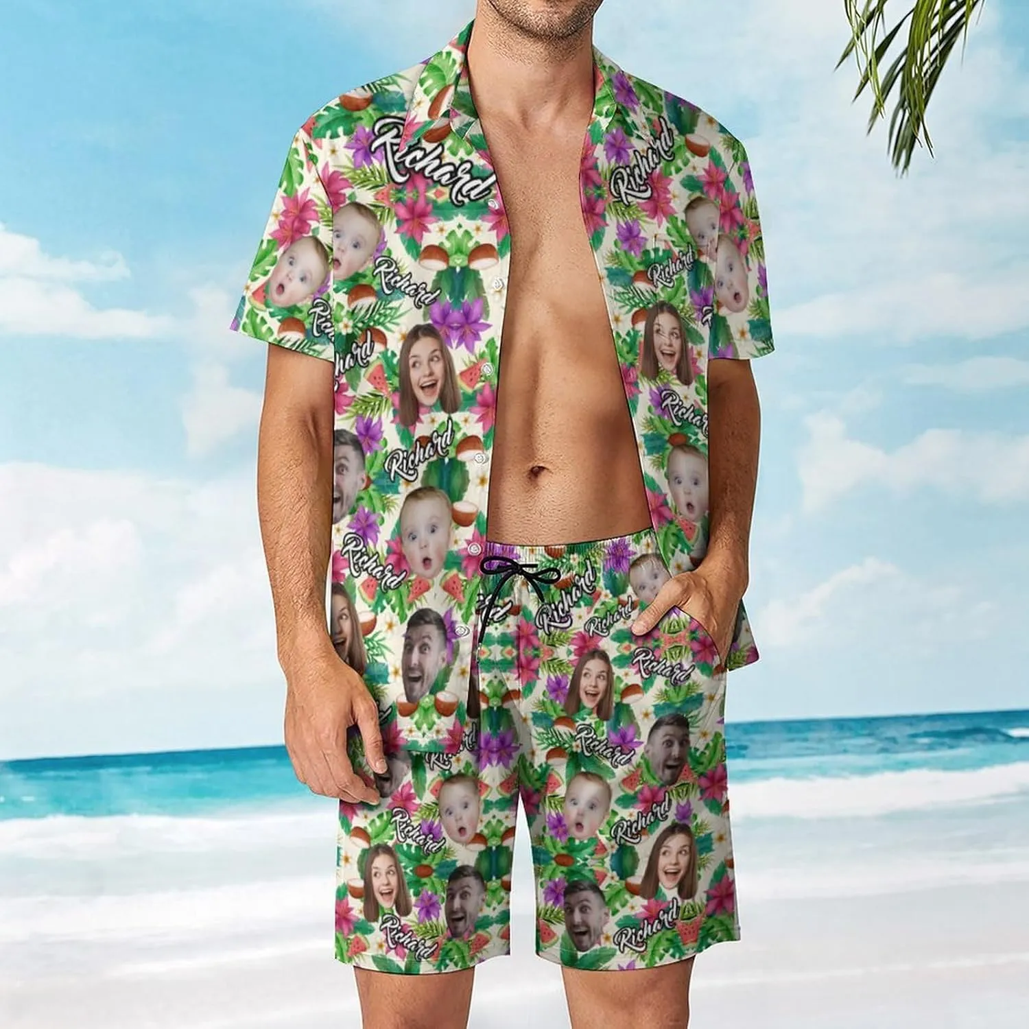Custom Funny Hawaiian Shirt with Face for Men Personalized Dog Dad Photo Floral Fruit Summer Hawaii Beach Tshirts