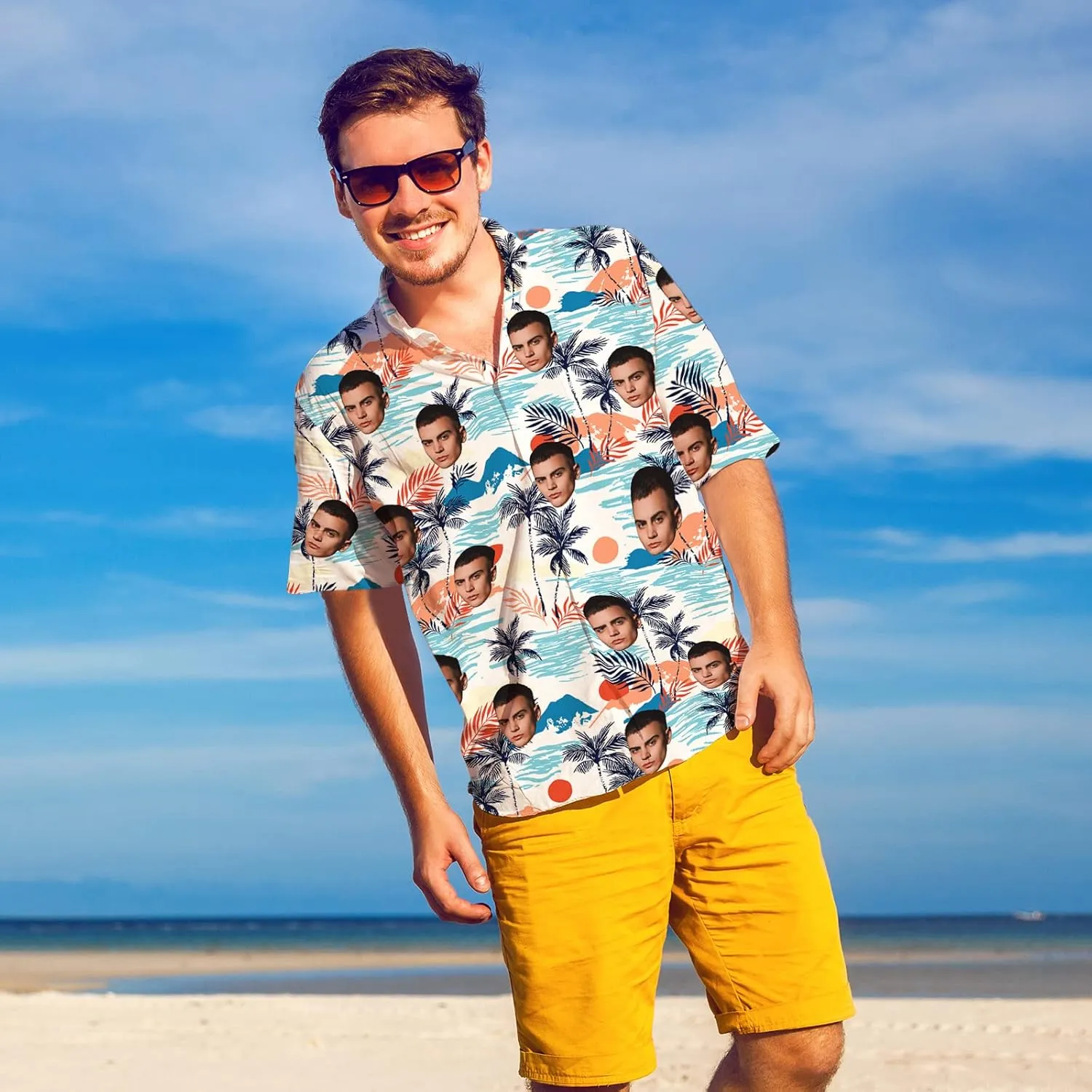 Custom Funny Hawaiian Shirt with Face for Men Personalized Dog Dad Photo Floral Fruit Summer Hawaii Beach Tshirts