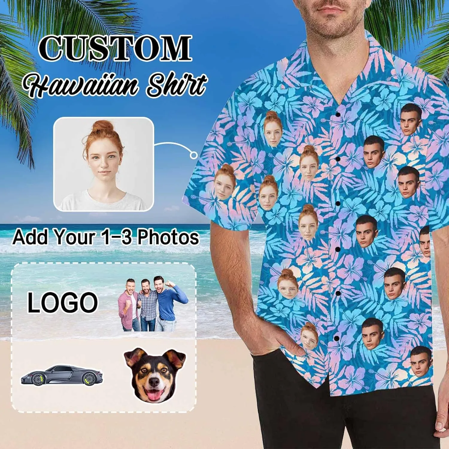 Custom Funny Hawaiian Shirt with Face for Men Personalized Dog Dad Photo Floral Fruit Summer Hawaii Beach Tshirts