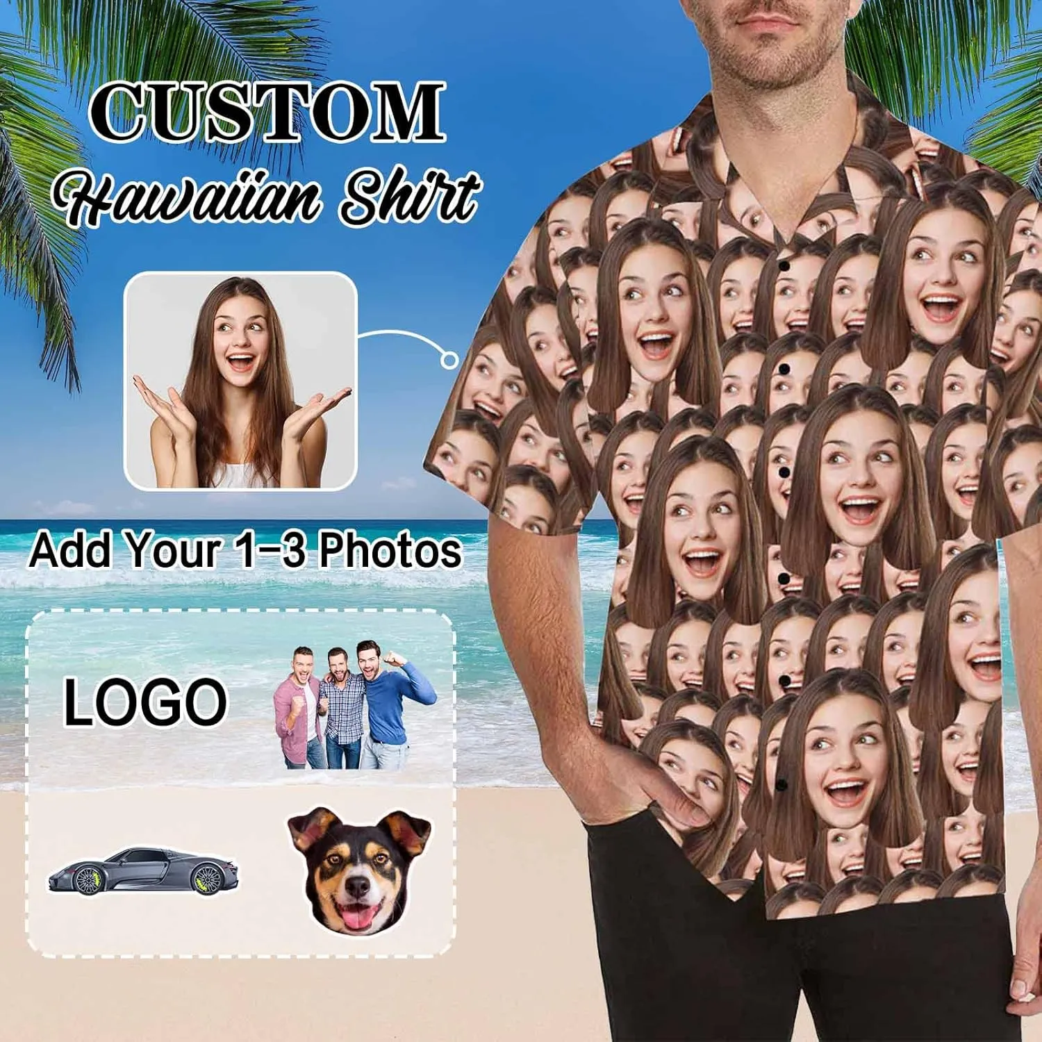 Custom Funny Hawaiian Shirt with Face for Men Personalized Dog Dad Photo Floral Fruit Summer Hawaii Beach Tshirts