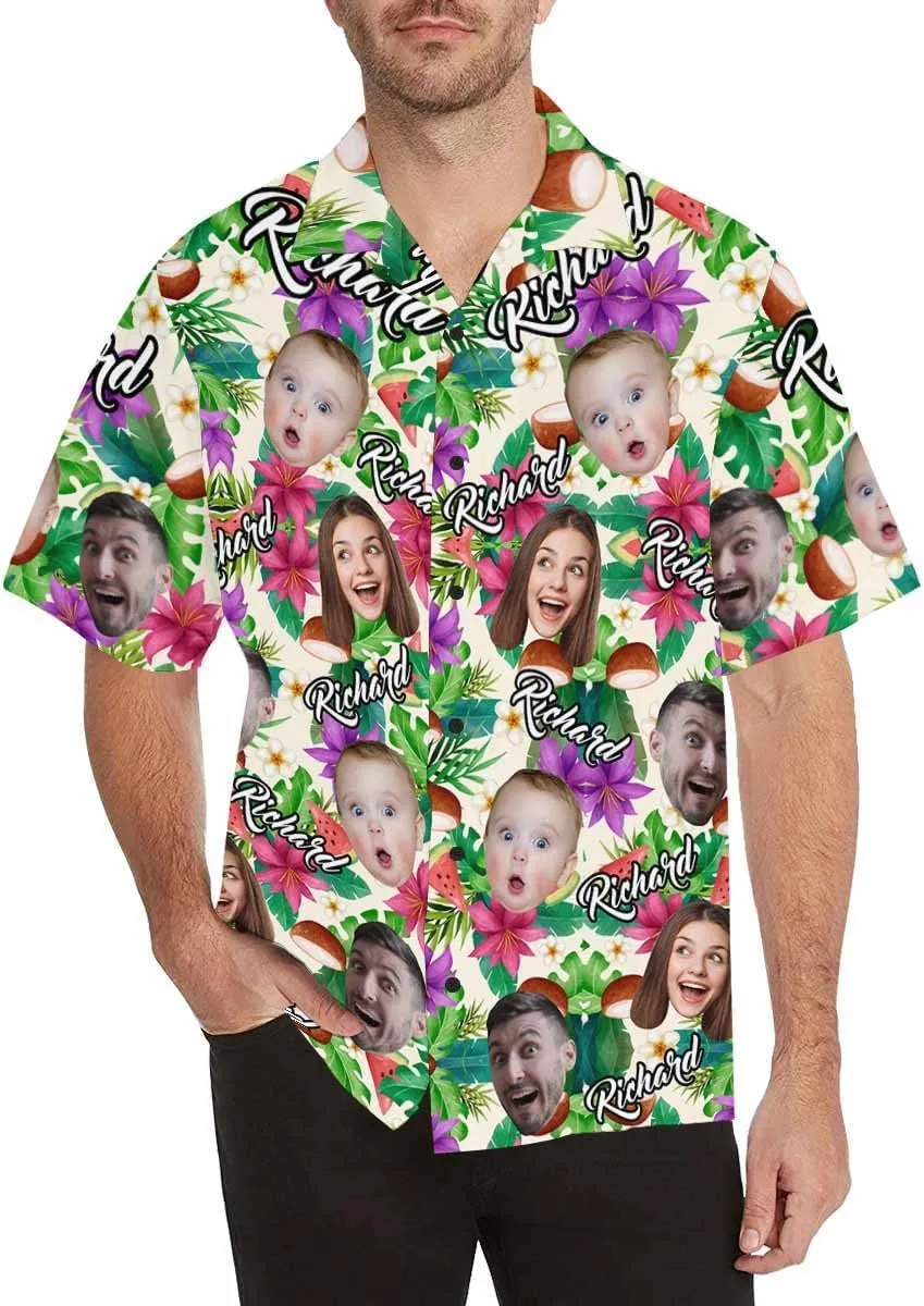 Custom Funny Hawaiian Shirt with Face for Men Personalized Dog Dad Photo Floral Fruit Summer Hawaii Beach Tshirts