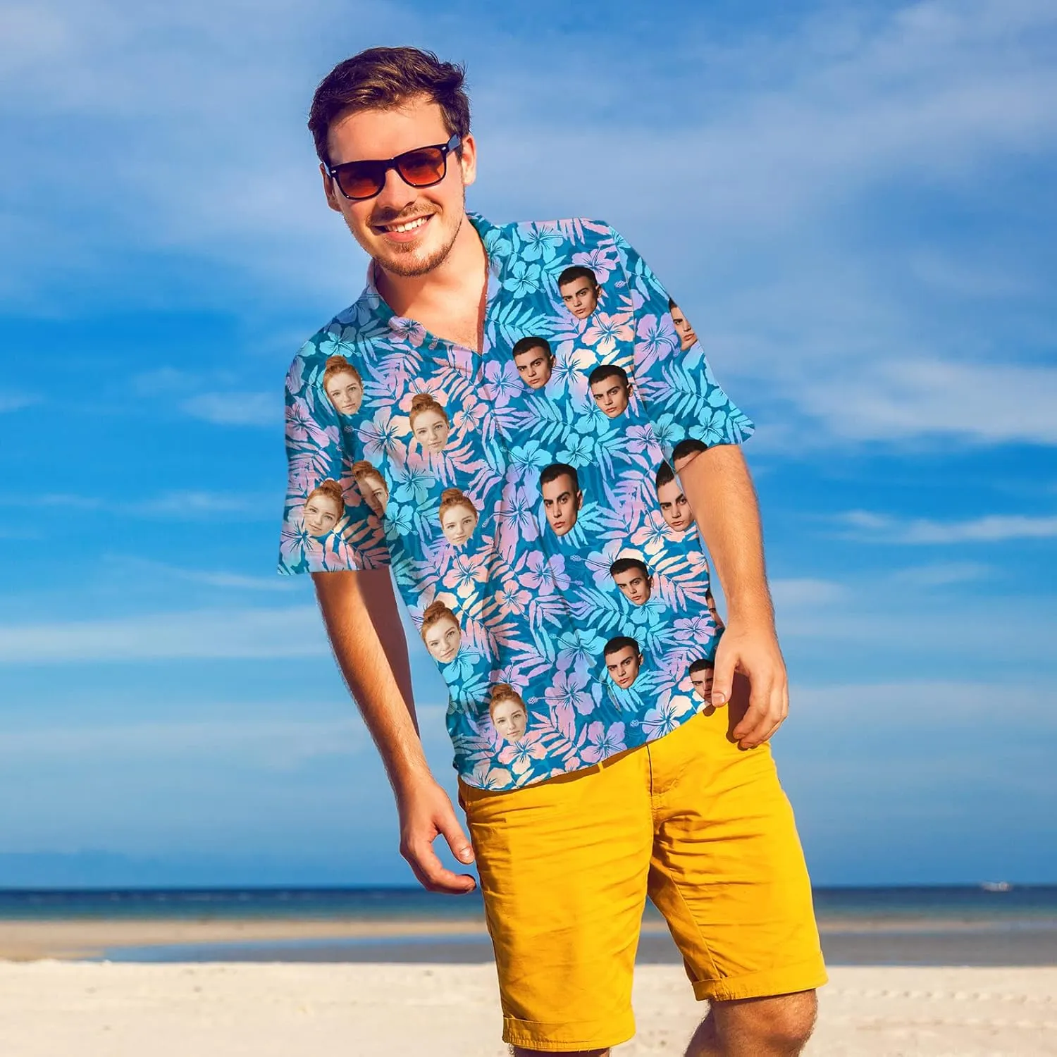 Custom Funny Hawaiian Shirt with Face for Men Personalized Dog Dad Photo Floral Fruit Summer Hawaii Beach Tshirts