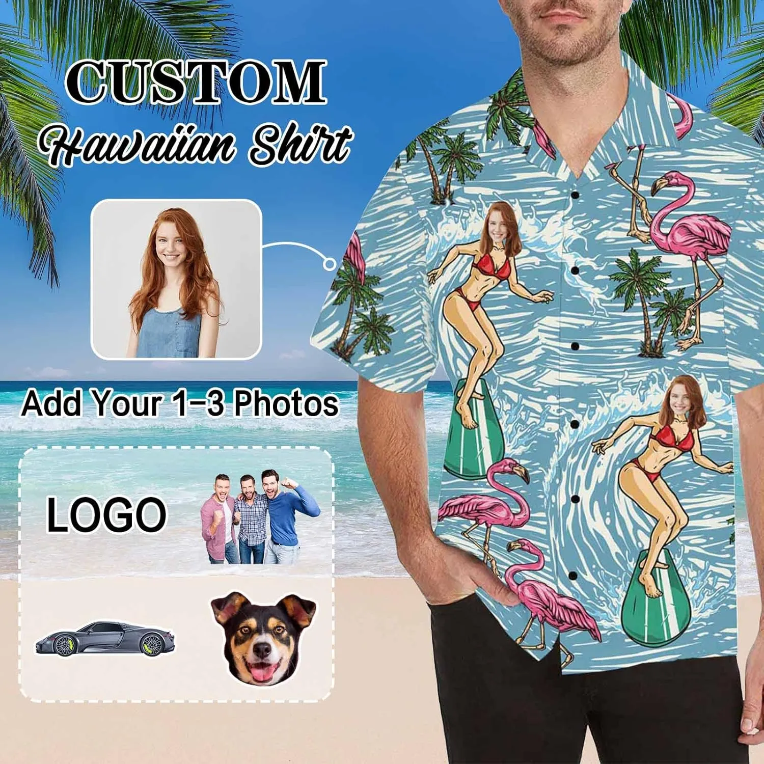 Custom Funny Hawaiian Shirt with Face for Men Personalized Dog Dad Photo Floral Fruit Summer Hawaii Beach Tshirts