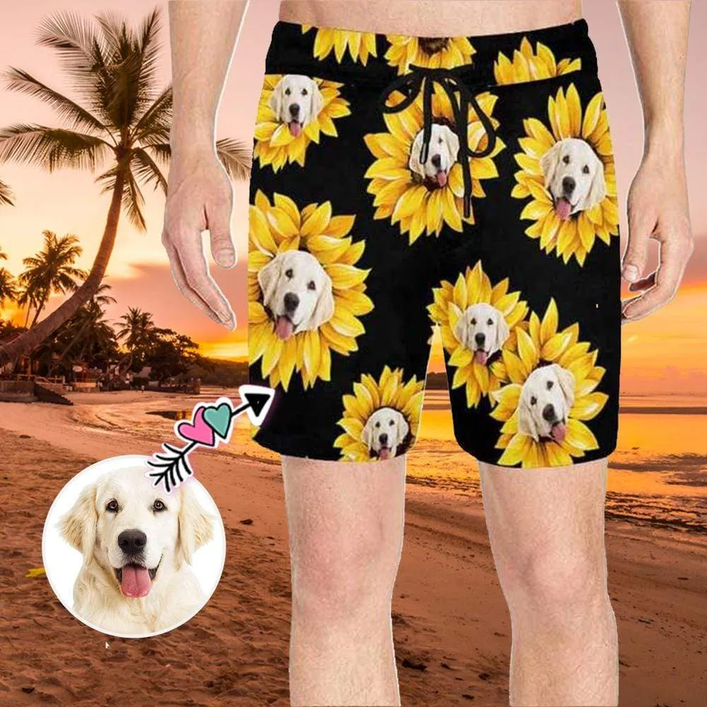 Custom Mens Trunks Personalized Face Sunflower Men's Quick Dry Swim Shorts with Dog's Face