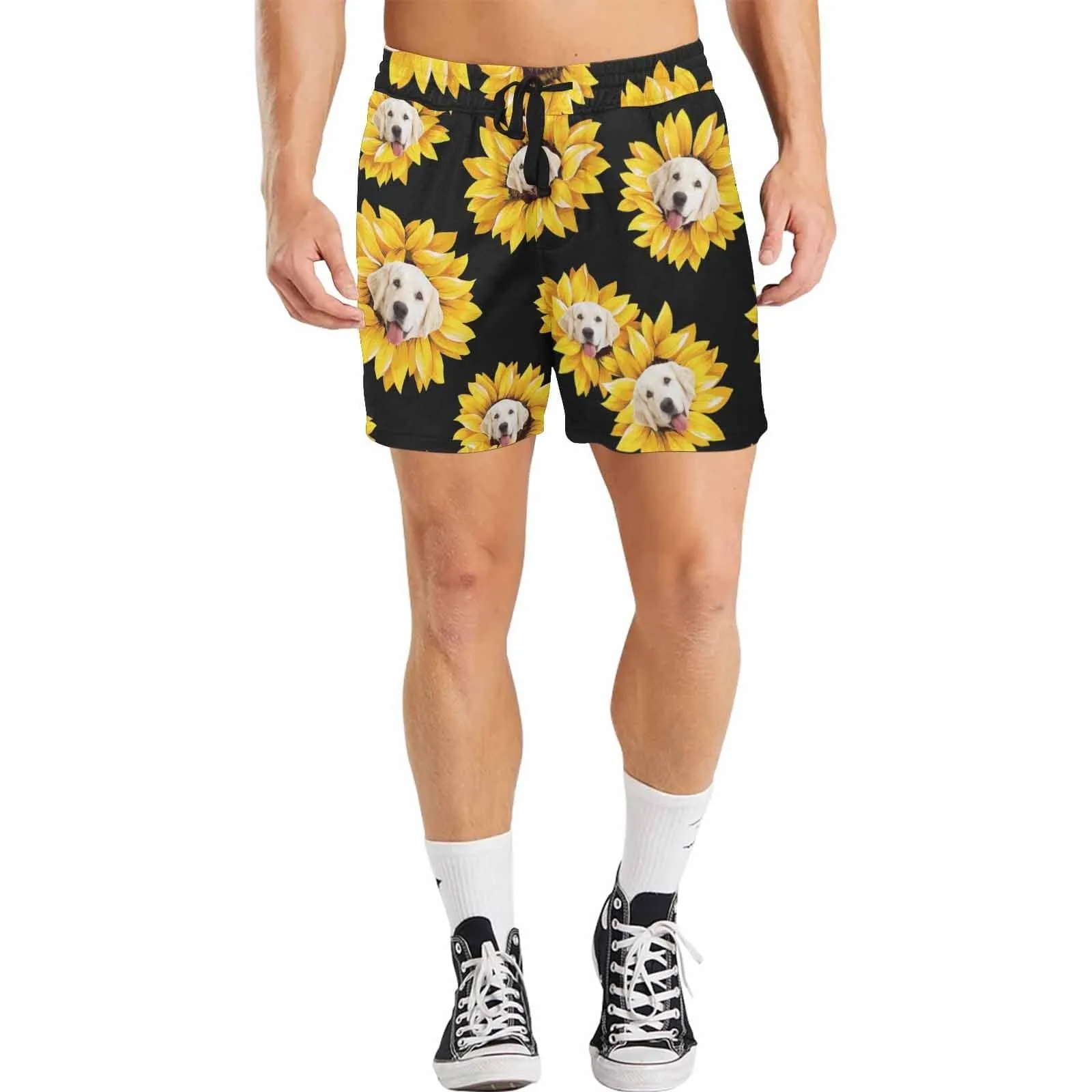 Custom Mens Trunks Personalized Face Sunflower Men's Quick Dry Swim Shorts with Dog's Face