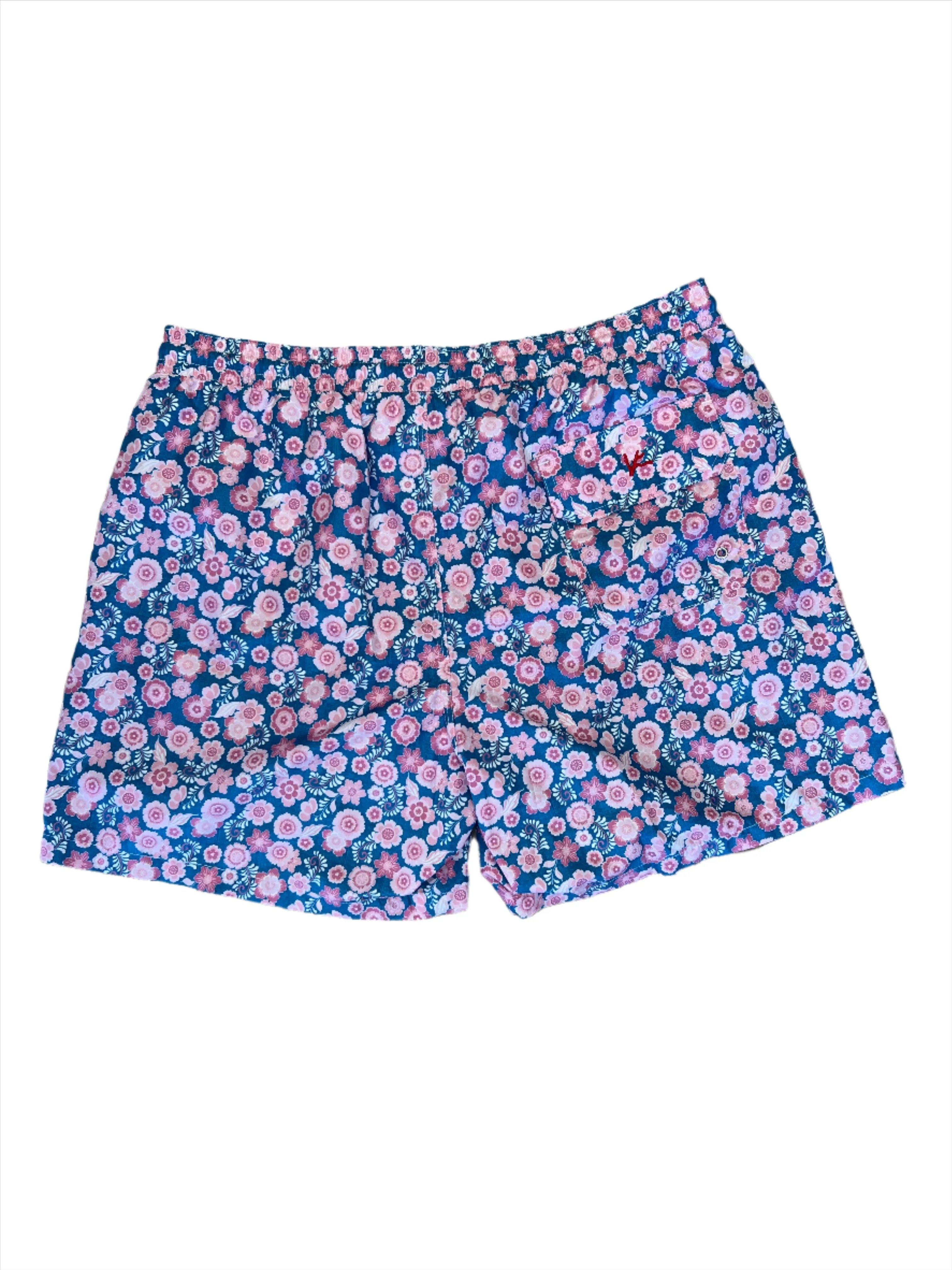Isaia Mens Blue Pink Floral Patterned Swim Trunk