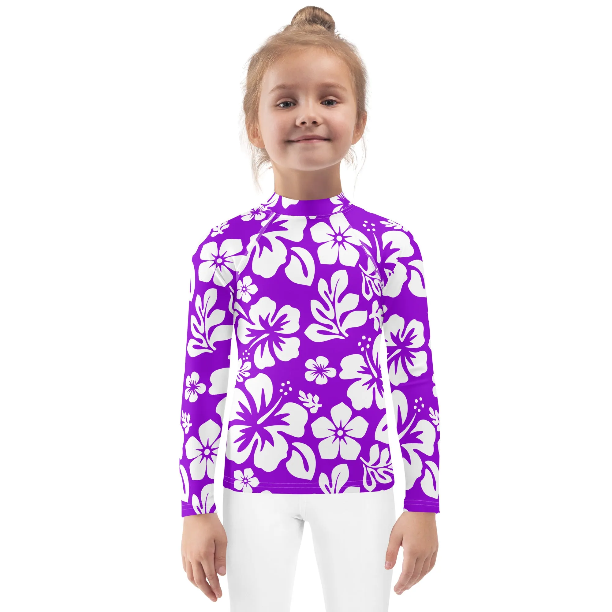 Kids Purple and White Hawaiian Flowers Rash Guard
