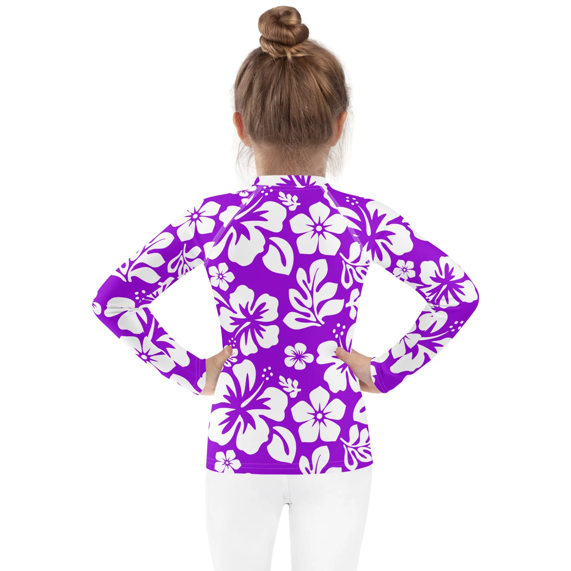 Kids Purple and White Hawaiian Flowers Rash Guard