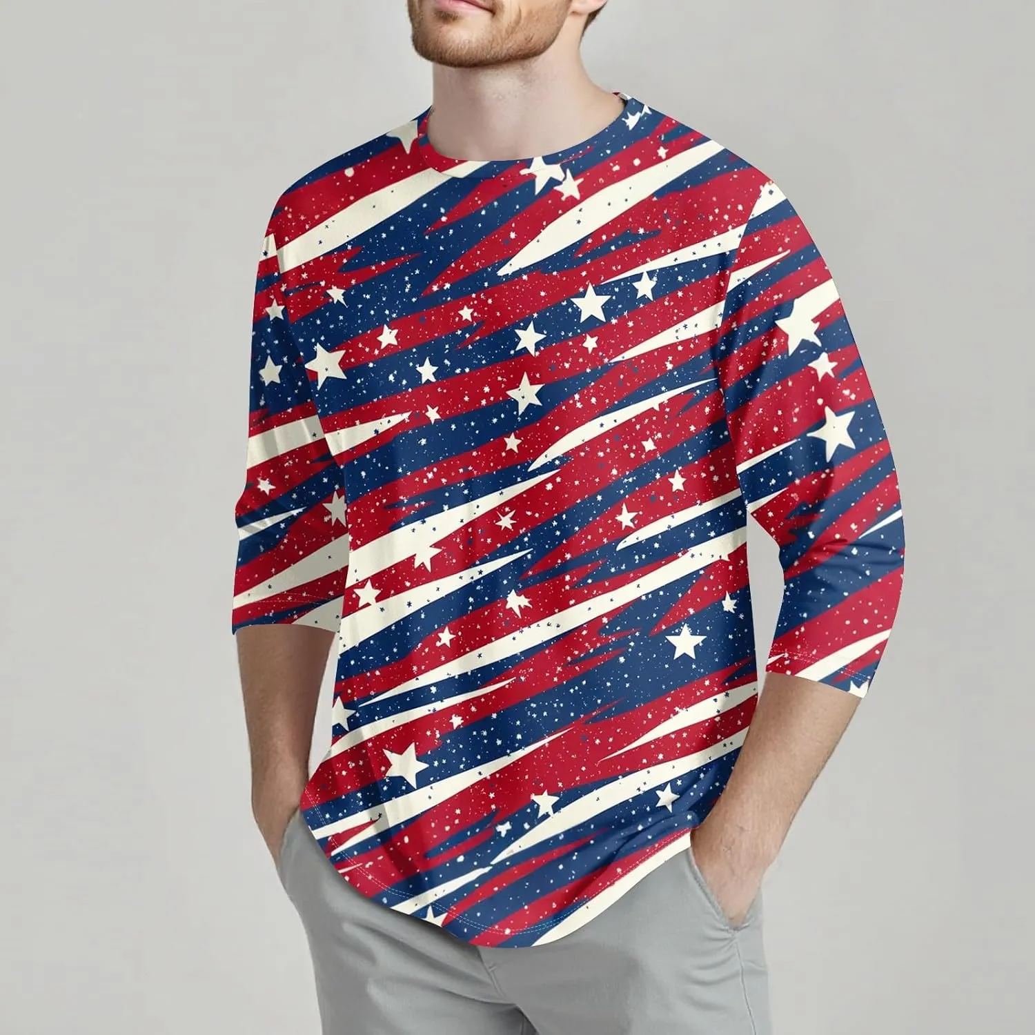 Merica Shirts for Men Men's Casual Crewneck 3/4 Sleeve Shirts Cotton Hawaiian Summer Tops Basic Pullover Workout Tees