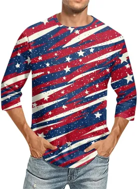 Merica Shirts for Men Men's Casual Crewneck 3/4 Sleeve Shirts Cotton Hawaiian Summer Tops Basic Pullover Workout Tees