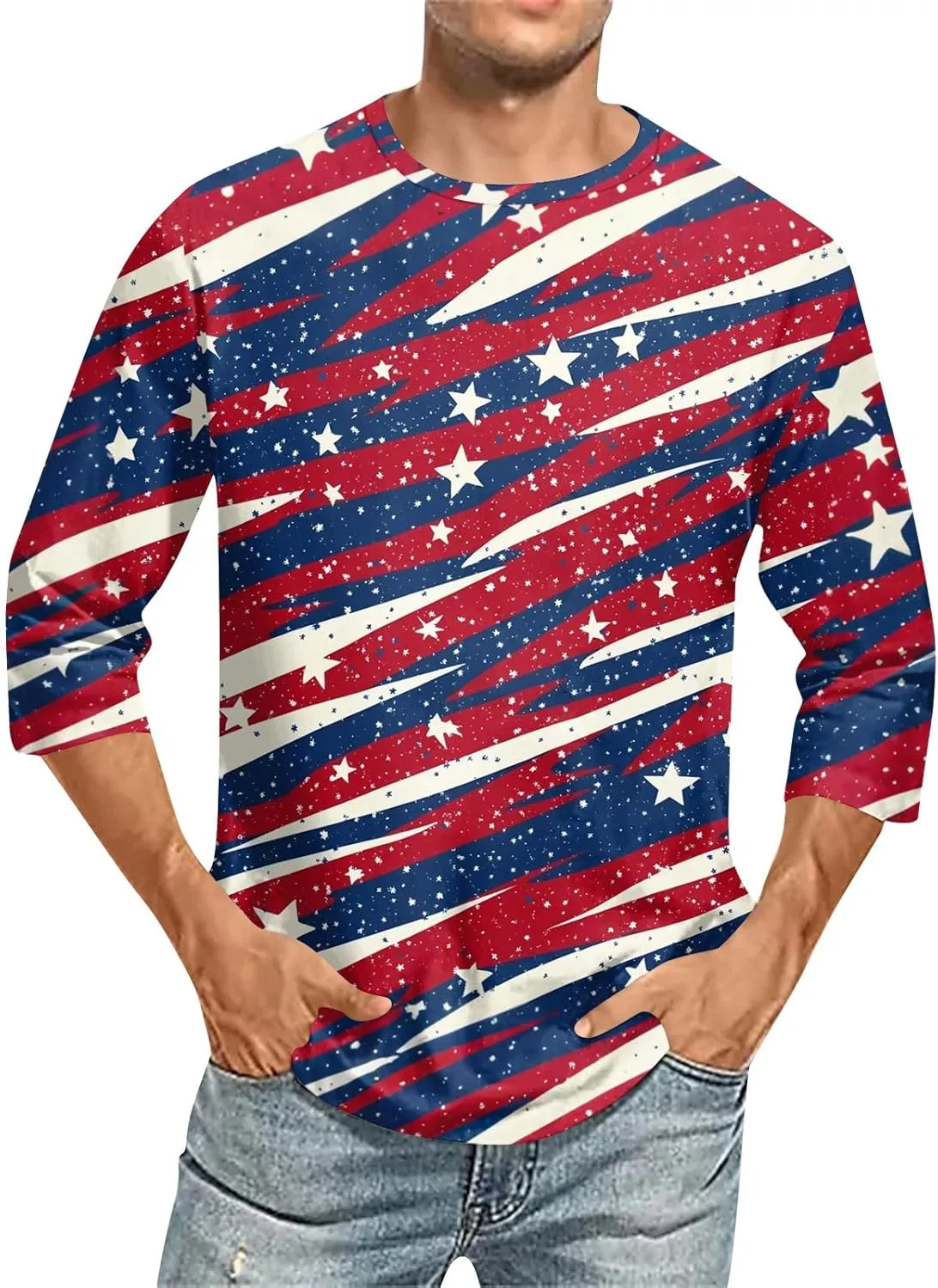Merica Shirts for Men Men's Casual Crewneck 3/4 Sleeve Shirts Cotton Hawaiian Summer Tops Basic Pullover Workout Tees