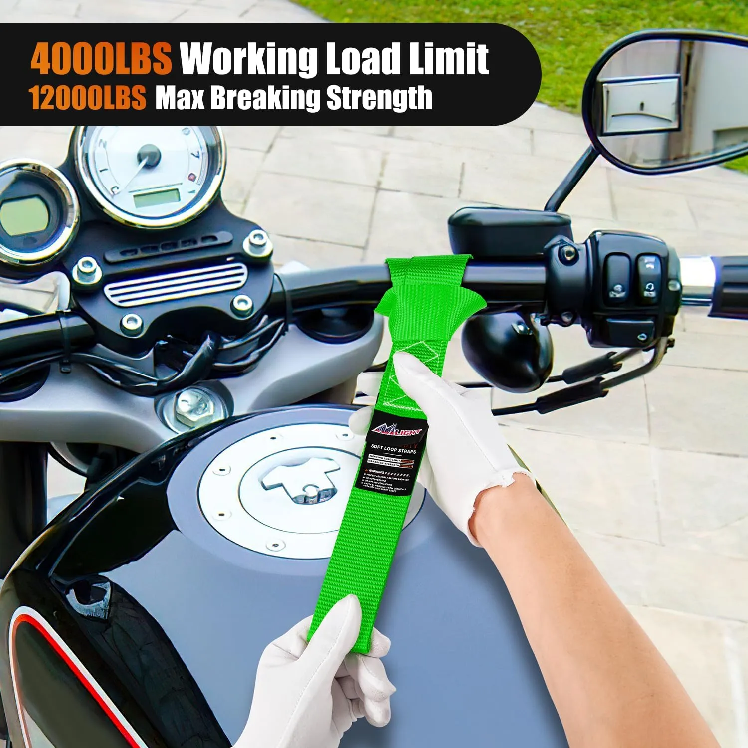 Motorcycle Tie Down Straps Max Break Strength 12000Lbs Green