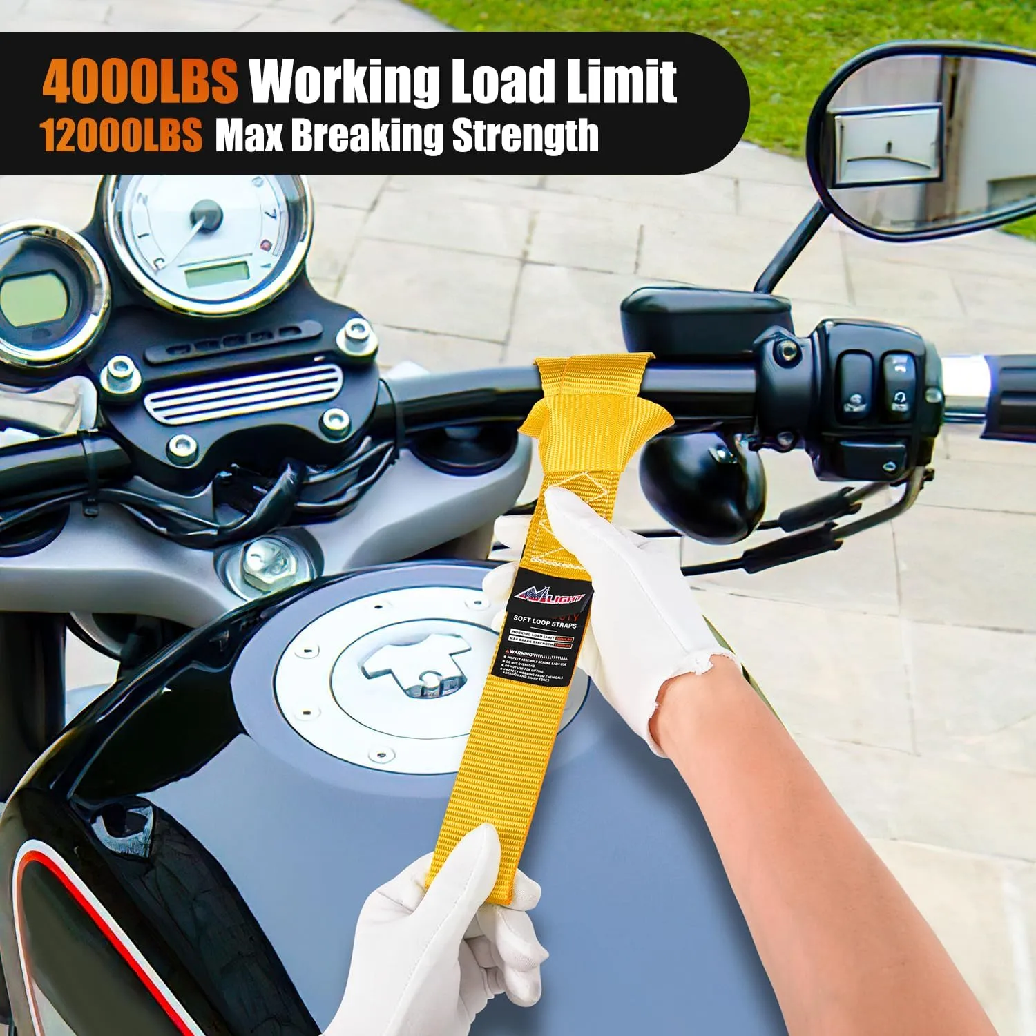 Motorcycle Tie Down Straps Max Break Strength 12000Lbs Yellow