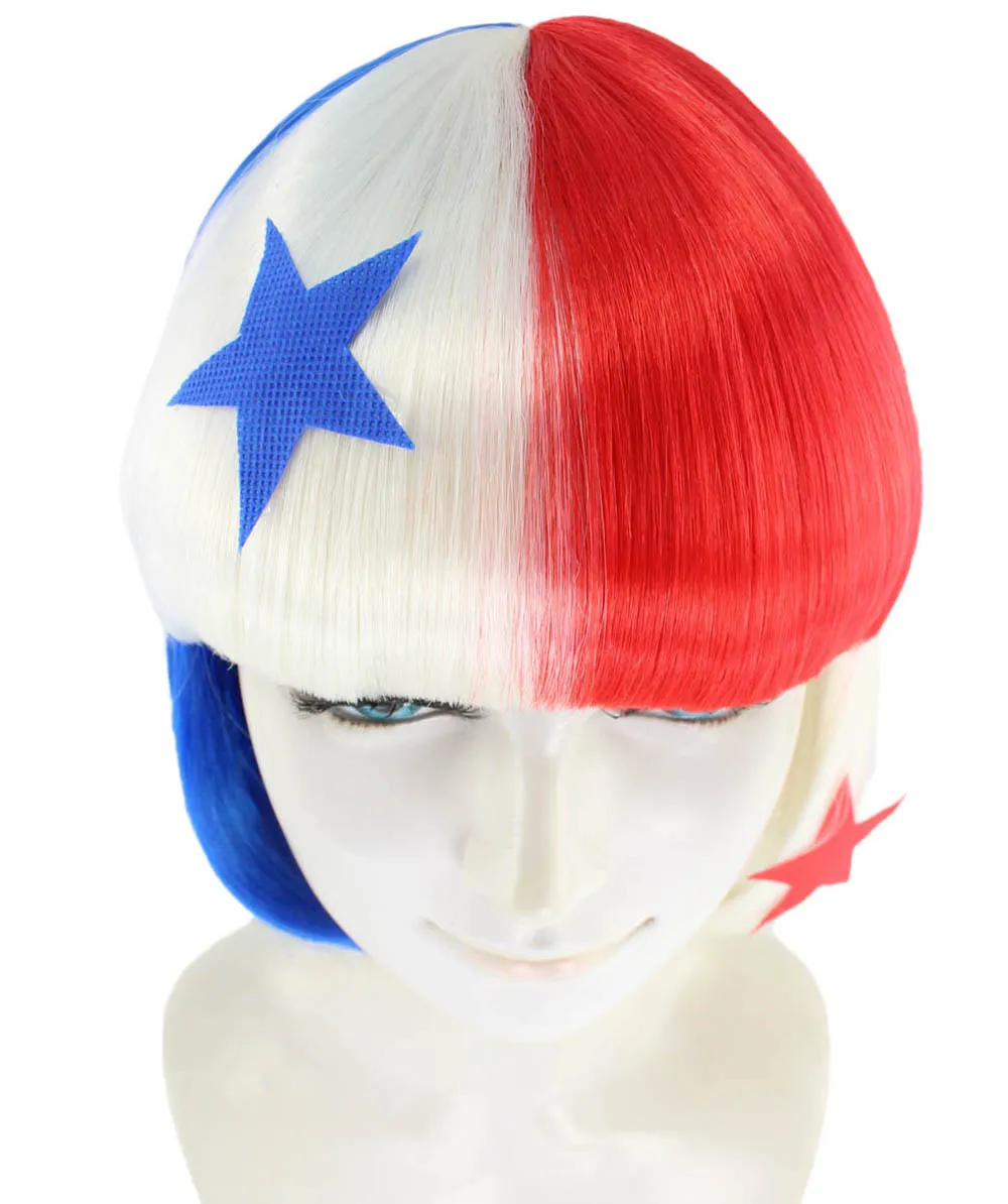 Panama Flag Sport Party Bob Wig | National Pride Red White Blue | Premium Breathable Capless Cap