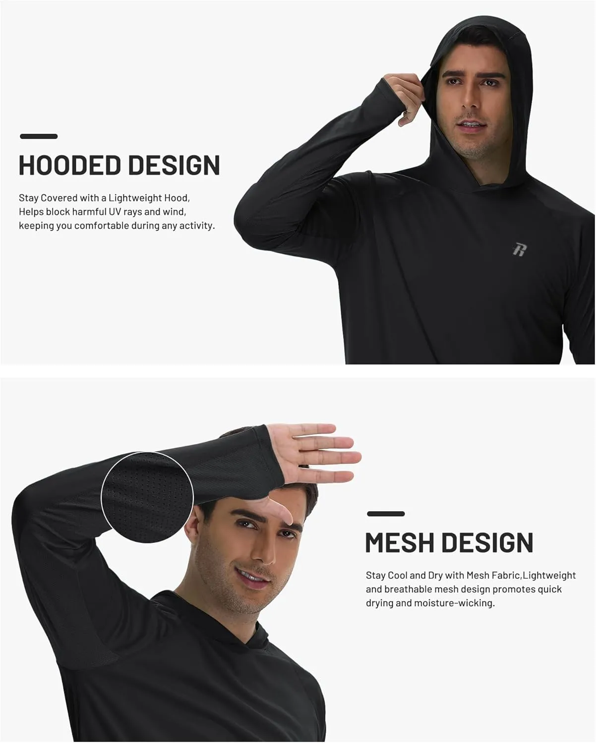 Runhit UPF 50  Fishing Shirts for Men Long Sleeve Sun Protection Hoodie Lightweight Outdoor Workout Hiking Running Rash Guard