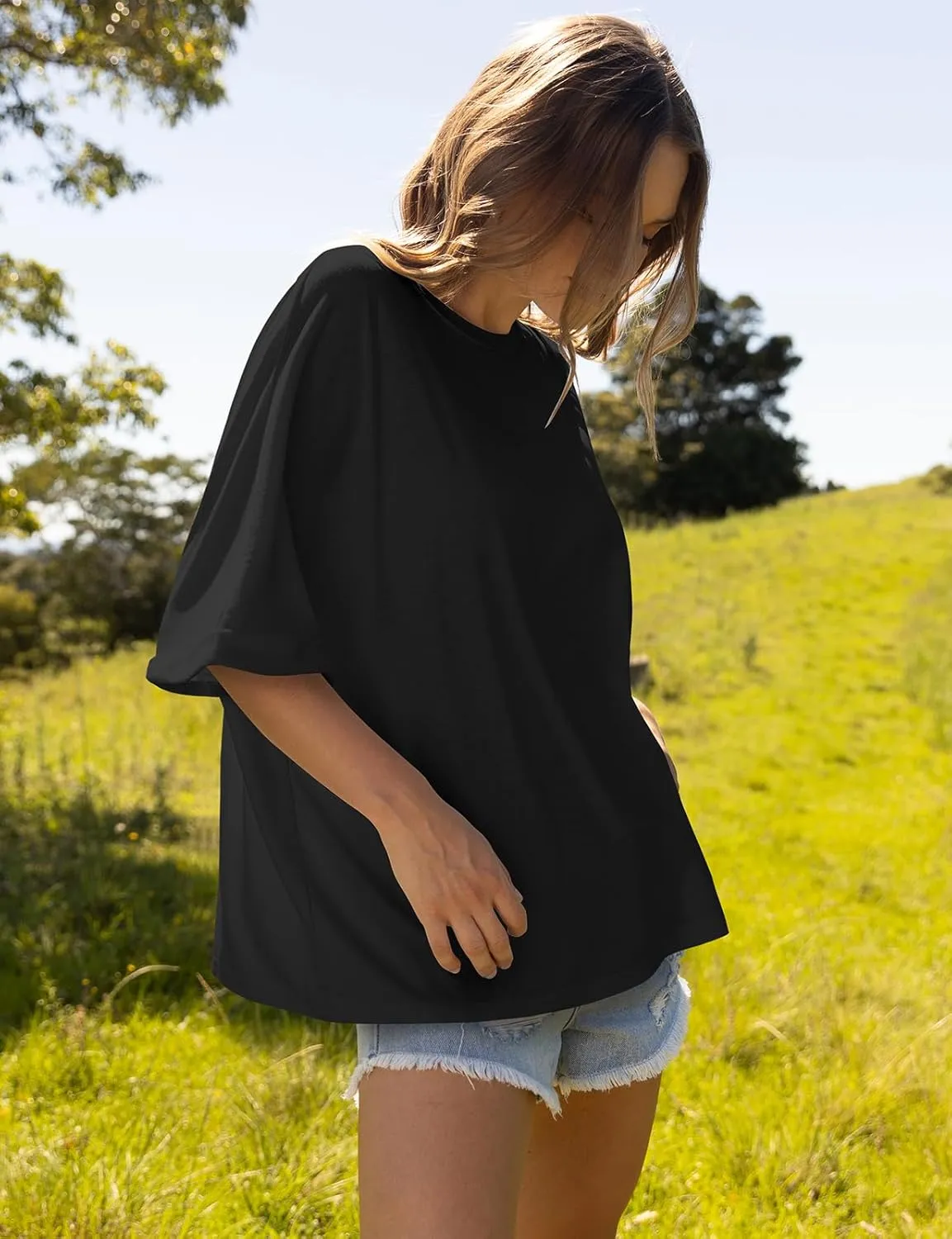 UEU Women Oversized T-Shirt Summer Casual Loose Fit Short Sleeve Basic Tops Workout Gym Tee Shirt